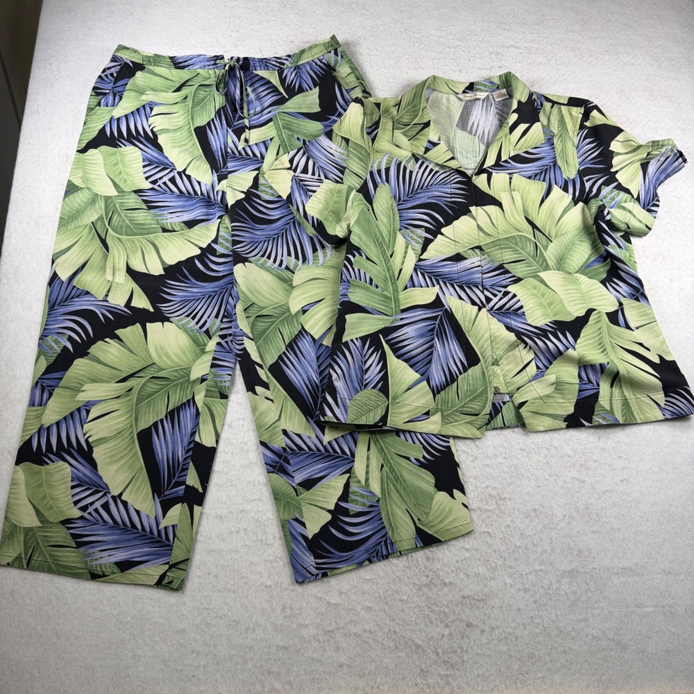 Tommy Bahama Womens 100% Silk‎ Tropical Palm Leaf 2 Piece Shirt & Pants Set L 14
